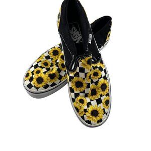 Vans Womens Sunflower Checkerboard Slip-On Shoes Size 9.5 Black & Yellow Canvas